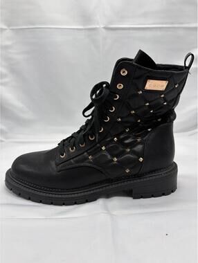 Bebe Women's Black Dorienne B Studded Quilted Lace Up Combat Boots US 11 MINT